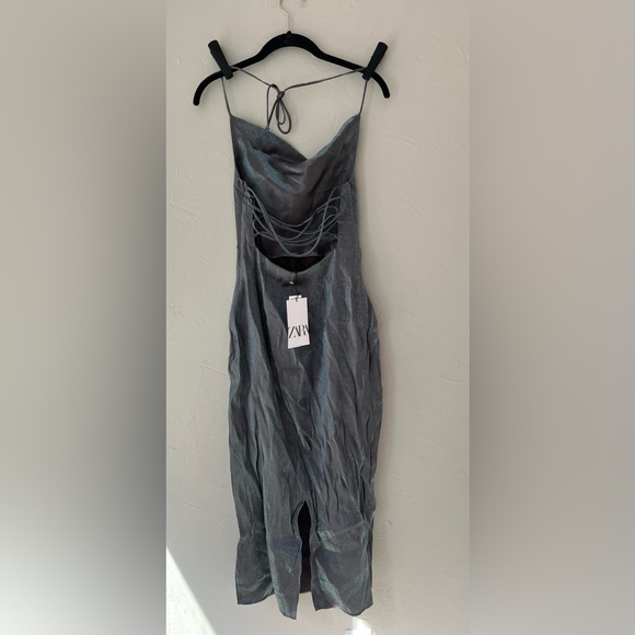 ZARA METALLIC SHIMMER STRAPPY BACK CAMISOLE DRESS IN BLUE GREY XS - Picture 5 of 7